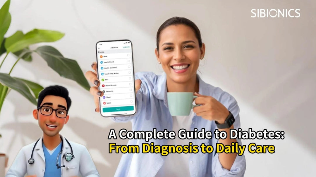 A person holds a smartphone showing diabetes management app, with a doctor illustration. Text: "A Complete Guide to Diabetes: From Diagnosis to Daily Care". Brand: Sibionics.