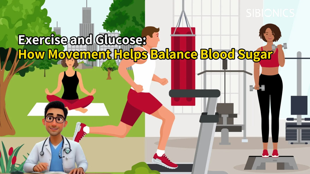 Illustration showing people exercising (yoga, running, weights) with text about exercise balancing blood sugar.